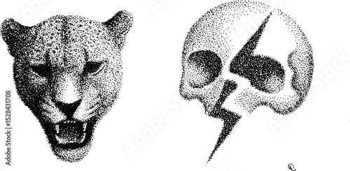 Hyper detailed stippling ink illustration of leopard and skull with lightning bolt
