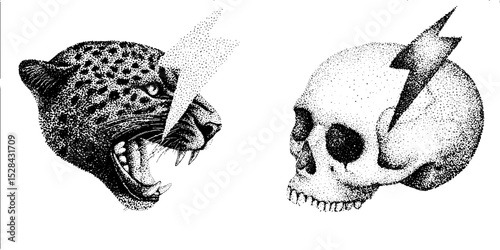 Hyper detailed stippling ink illustration of leopard and skull with lightning bolt theme