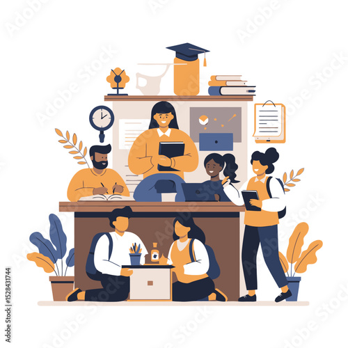 Collaborative Learning Space: Students & Teacher Illustration