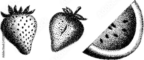 Hyper detailed stippling ink illustration of strawberries and watermelon slice