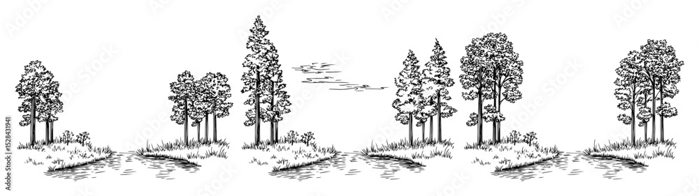 Fototapeta premium forest trees on riverside landscape sketch