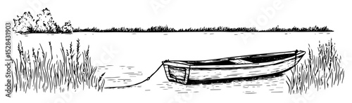 small boat in reeds near calm lake sketch