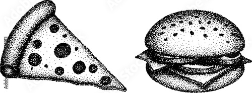 Stippling ink halftone illustration of pizza slice and burger for artwork and design