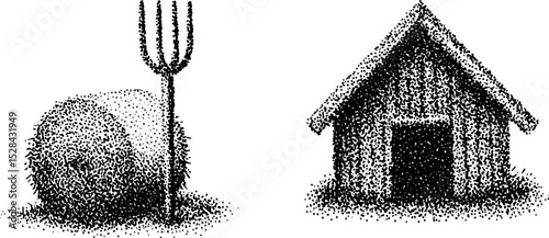 Rustic farmhouse and haystack stippling ink halftone illustration for art design