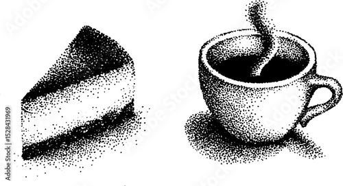 Detailed ink stippling of coffee and cake with halftone shading