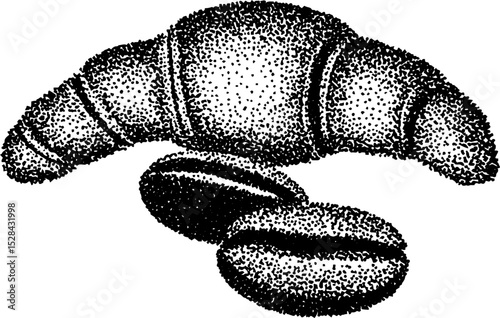 Stippling ink halftone illustration of croissant and coffee beans for culinary art