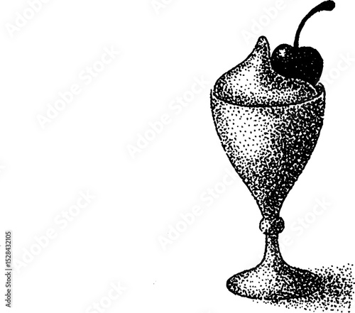 Hyper detailed stippling ink illustration of a dessert with cherry garnish