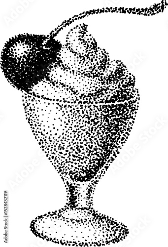 Hyper detailed stippling ink illustration of ice cream sundae with cherry