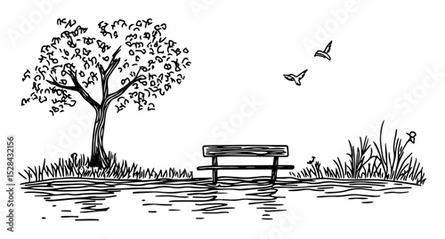 bench by tree and lake with birds vector laser cutting engraving doodle shape