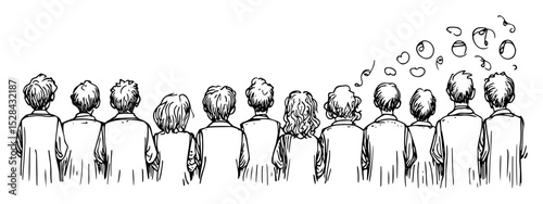 back view of kids standing in row vector laser cutting engraving doodle shape
