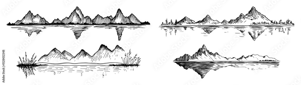 Fototapeta premium mountain ranges with lake reflections vector laser cutting engraving doodle shape