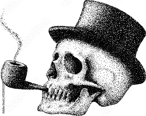 Skull with top hat smoking pipe in stippling ink halftone style - intricate gothic illustration