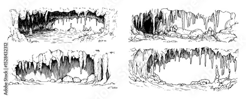 underground cave with stalactites and rocks vector laser cutting engraving doodle shape