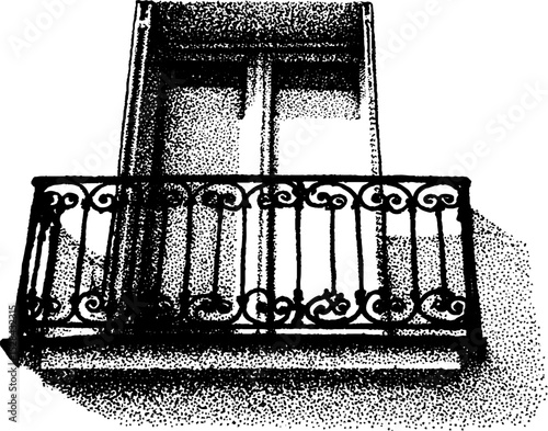 Intricate ink stippling of scenic balcony with halftone details