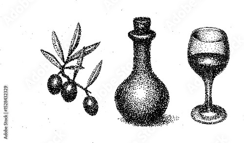 Olive branch and wine still life in intricate stippling ink illustration for vintage design