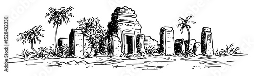 ancient temple ruins with palm trees vector laser cutting engraving doodle shape