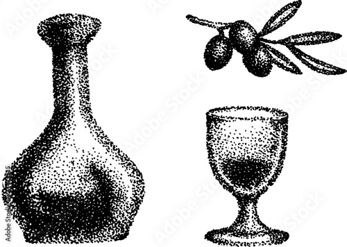 Stippling art of wine decanter, olive branch, and glass for elegant designs