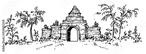 historic stone temple in jungle vector laser cutting engraving doodle shape