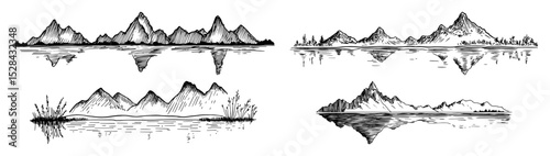 mountain ranges with lake reflections vector laser cutting engraving doodle shape