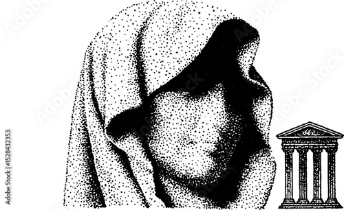Hyper detailed ink stippling portrait with classical architecture design