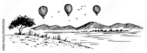 hot air balloons over hills and tree vector laser cutting engraving doodle shape