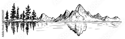 alpine mountain lake with pine trees vector laser cutting engraving doodle shape