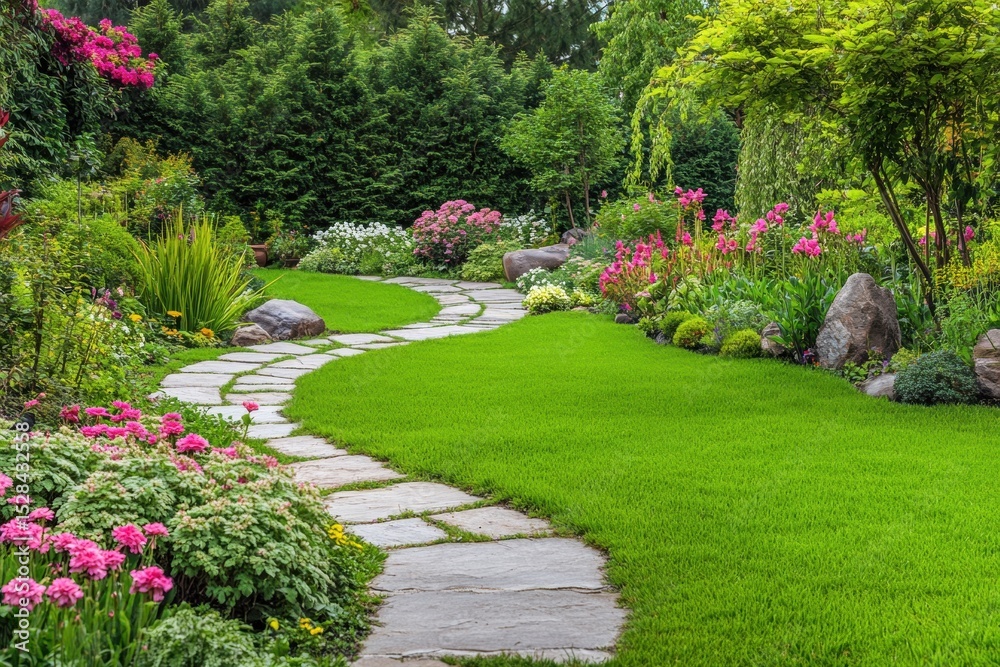 Fototapeta premium Lawn with garden trail and colorful flowers