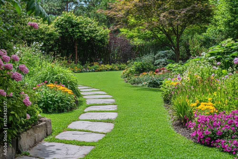 Fototapeta premium Walkway through symmetrical garden beds