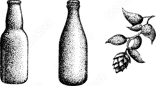 Detailed stippling ink artwork of beer bottles and hops for design projects