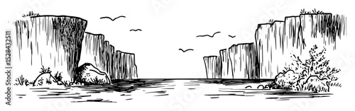 cliff canyon with river and birds doodle vector sketch