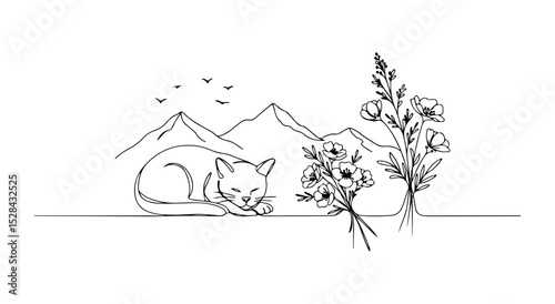 Serene Mountain Landscape with Sleeping Cat and Wildflowers Peaceful nature scene featuring a resting feline amidst blooming flora and majestic peaks