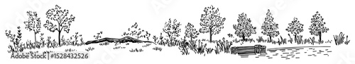 forest park with bench and trees doodle vector sketch