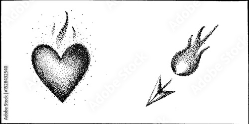 Stippling ink heart and arrow with detailed halftone technique for graphic design