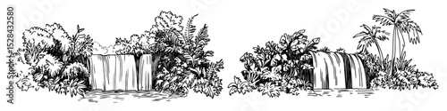 tropical waterfalls surrounded by plants doodle vector sketch