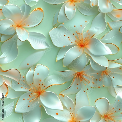 Seamless 3D rendering pattern of delicate white flowers with golden edges and vibrant orange stamen on a light green background, creating a soft and elegant floral design.