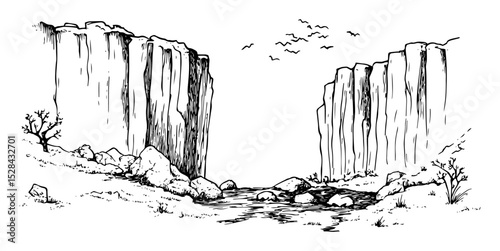 rock cliffs with stream and birds doodle vector sketch