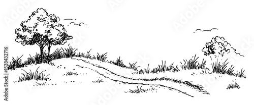 hand drawn countryside landscape with winding path