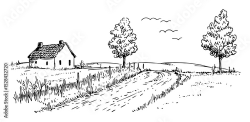 hand drawn rural house with trees and dirt road
