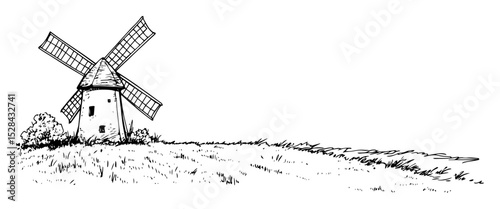 hand drawn windmill on countryside landscape