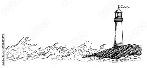 lighthouse on rocky shore with crashing waves