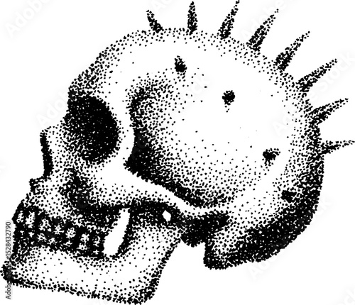 Stippling ink illustration of a spiky skull with hyper detailed design
