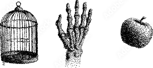 Surreal ink stippling illustration set featuring skeleton hand, birdcage, and apple