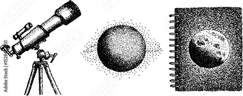 Astronomy illustration set with telescope, planet, and notebook design