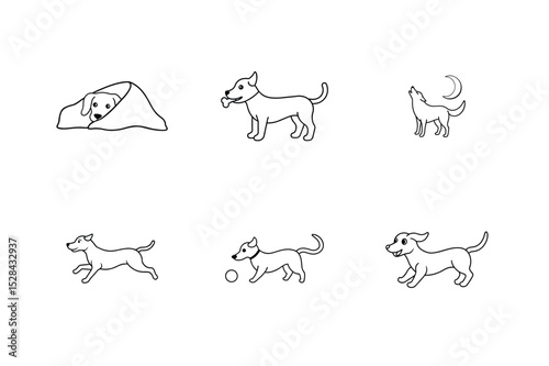 Playful dog in various fun poses pet character collection one Line Art Vector illustration