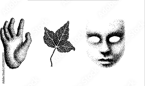 Stippling ink art: hand, leaf, and face mask motifs for creative design