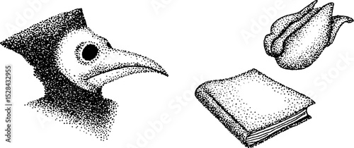 Stippling ink illustration of plague doctor mask, book, and leaf