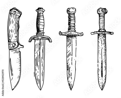 collection of hand drawn combat knives and daggers