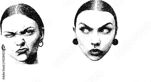 Intricate stippling ink portraits with expressive female faces for art design