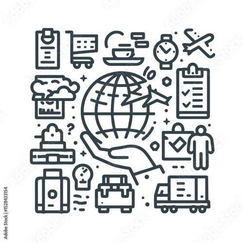 Business travel and logistics icons in minimal line art style. Things to do in airport  