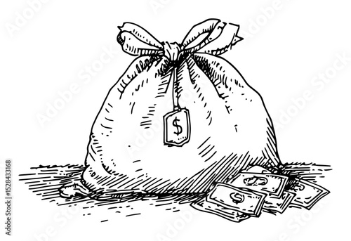 money bag with scattered dollar bills illustration
